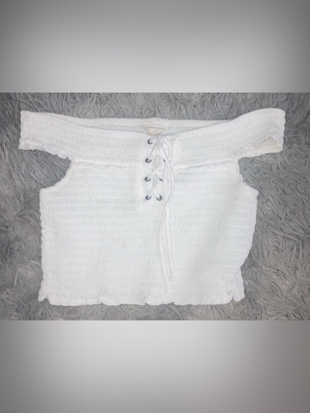 Aeropostale White Lace-Up Off-Shoulder Smocked Crop Top